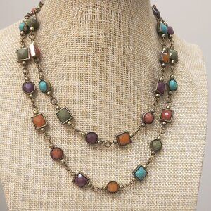 Premier Designs, long brass gold tone colorful beaded necklace